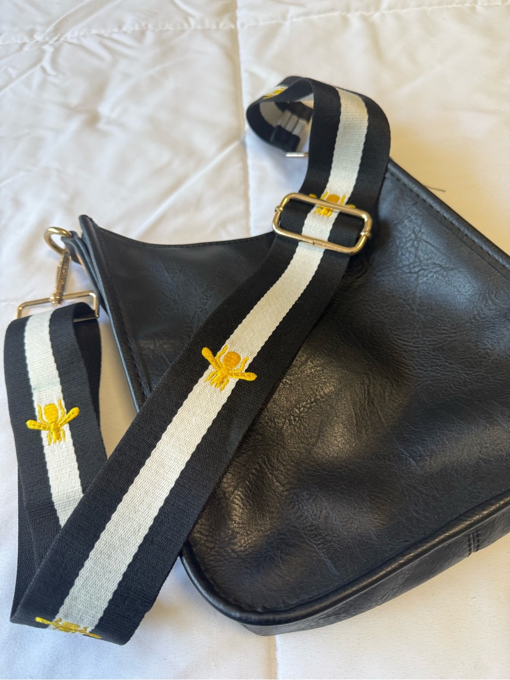 Black Leather Crossbody Bag with removable, bumblebee & Decorative Stripe Strap
